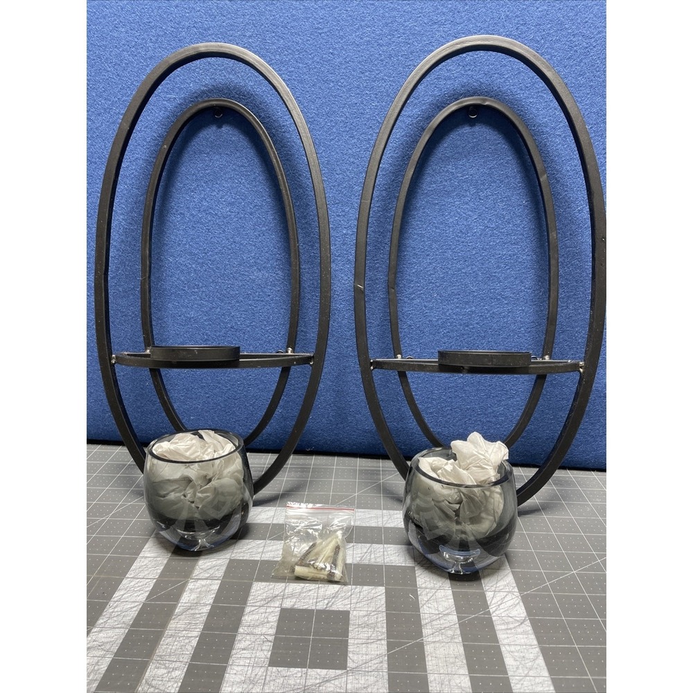 Bed Bath And Beyond Metal And Glass Wall Sconce Candle Holders Black NOS